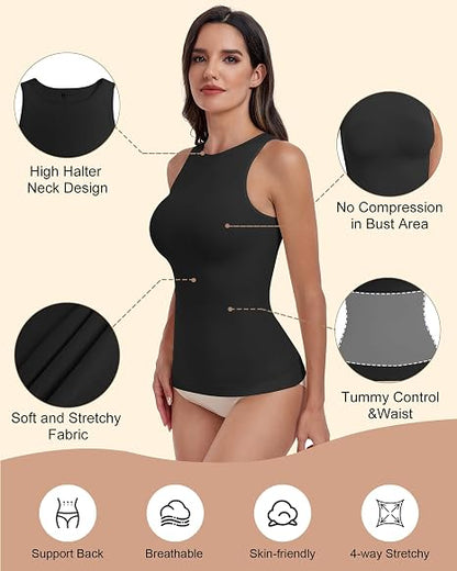 Women's Black High Halter Neck Compression Tank Top